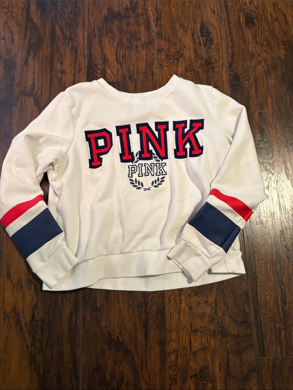 PINK Victoria's Secret White crop Sweatshirt with Red & Navy Accents